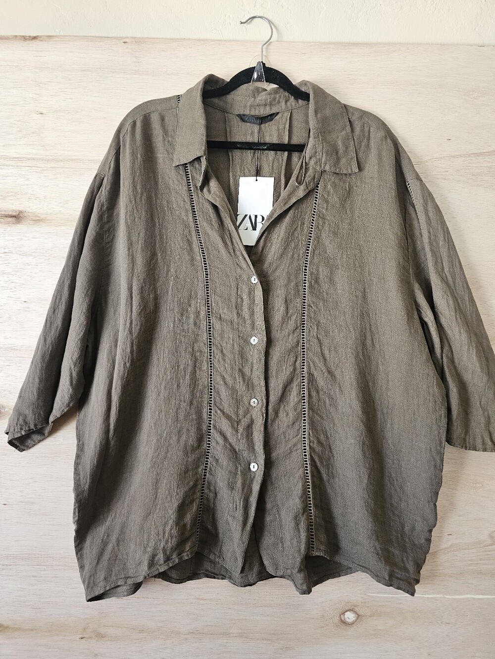 ZARA NWT Women 100% Linen Button Up Blouse Size XS Oversized Olive Green
